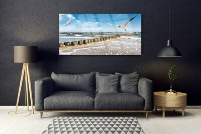 Plexiglas® Wall Art Seagulls sea landscape grey blue white