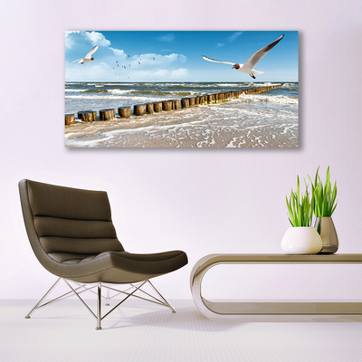 Plexiglas® Wall Art Seagulls sea landscape grey blue white