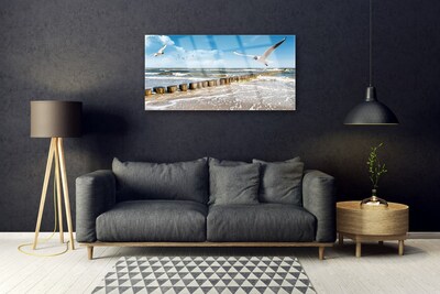 Plexiglas® Wall Art Seagulls sea landscape grey blue white