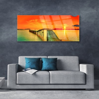 Plexiglas® Wall Art Bridge sea architecture grey blue orange yellow