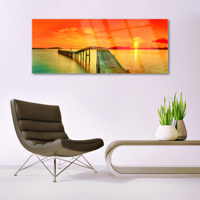 Plexiglas® Wall Art Bridge sea architecture grey blue orange yellow