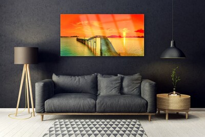 Plexiglas® Wall Art Bridge sea architecture grey blue orange yellow