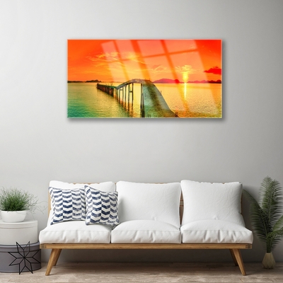 Plexiglas® Wall Art Bridge sea architecture grey blue orange yellow