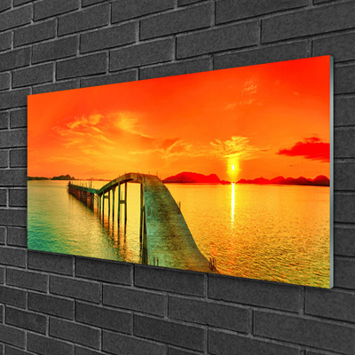 Plexiglas® Wall Art Bridge sea architecture grey blue orange yellow