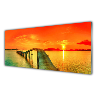 Plexiglas® Wall Art Bridge sea architecture grey blue orange yellow