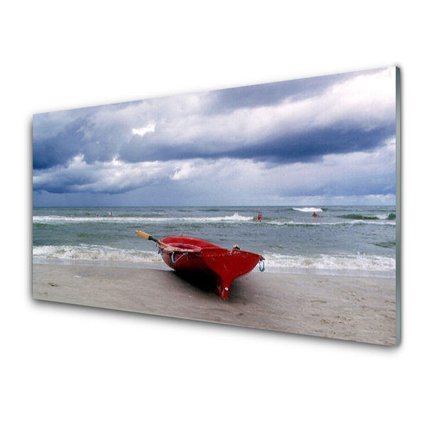 Plexiglas® Wall Art Boat beach sea landscape red grey blue