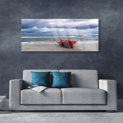 Plexiglas® Wall Art Boat beach sea landscape red grey blue