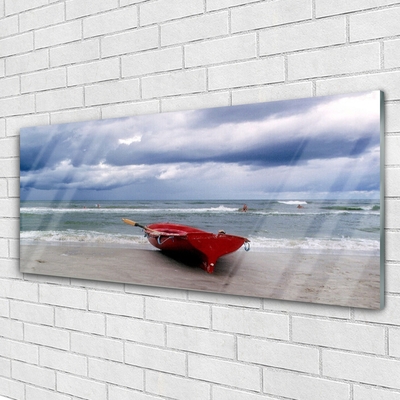 Plexiglas® Wall Art Boat beach sea landscape red grey blue