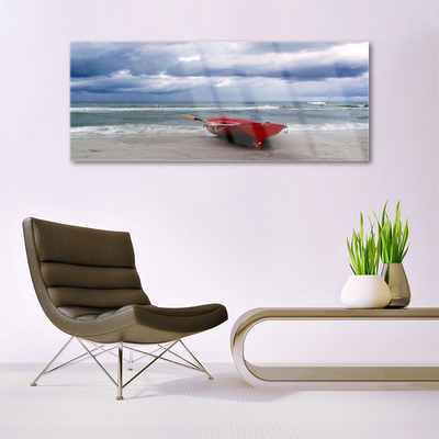 Plexiglas® Wall Art Boat beach sea landscape red grey blue