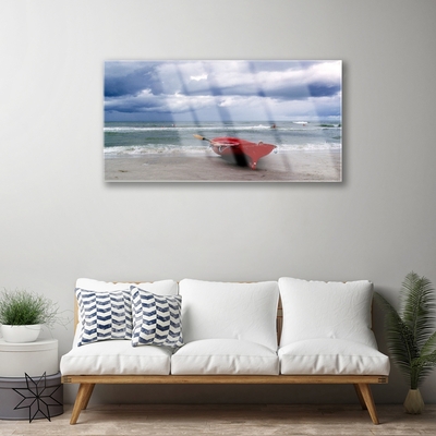 Plexiglas® Wall Art Boat beach sea landscape red grey blue