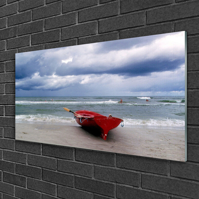 Plexiglas® Wall Art Boat beach sea landscape red grey blue