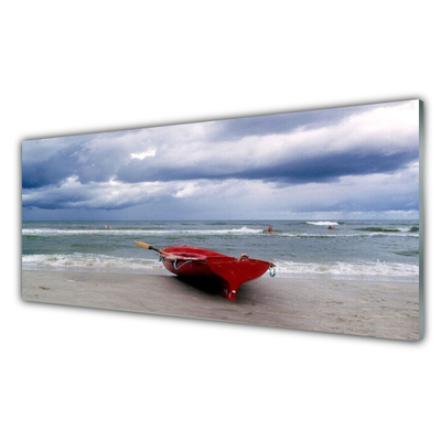 Plexiglas® Wall Art Boat beach sea landscape red grey blue