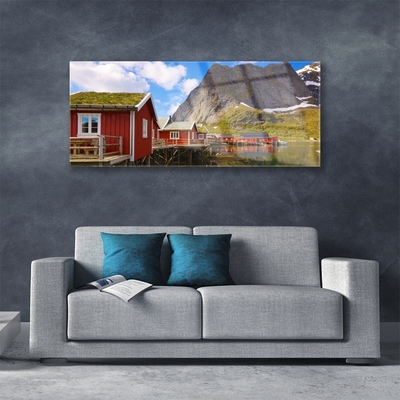 Plexiglas® Wall Art Houses lake mountains landscape brown white green grey