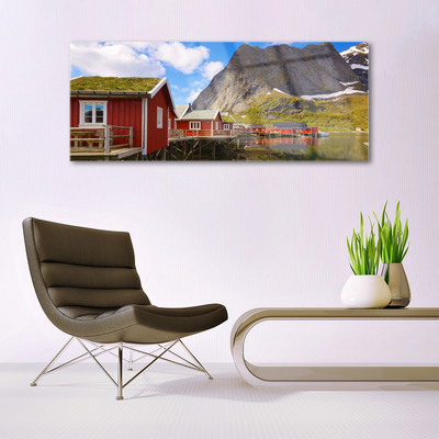Plexiglas® Wall Art Houses lake mountains landscape brown white green grey