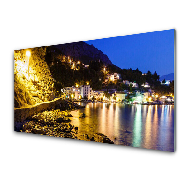 Plexiglas® Wall Art Mountain beach landscape yellow purple green