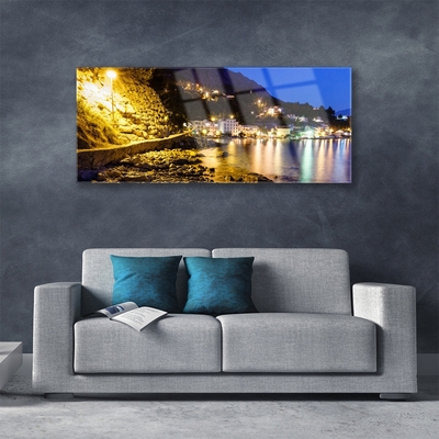 Plexiglas® Wall Art Mountain beach landscape yellow purple green