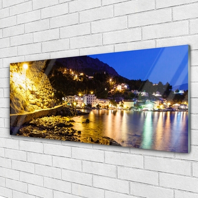 Plexiglas® Wall Art Mountain beach landscape yellow purple green