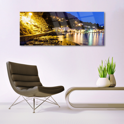 Plexiglas® Wall Art Mountain beach landscape yellow purple green