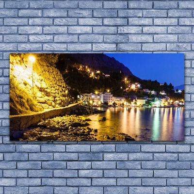 Plexiglas® Wall Art Mountain beach landscape yellow purple green