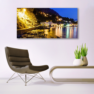 Plexiglas® Wall Art Mountain beach landscape yellow purple green