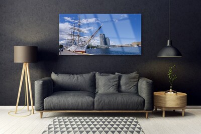 Plexiglas® Wall Art Boat sea town landscape white brown blue