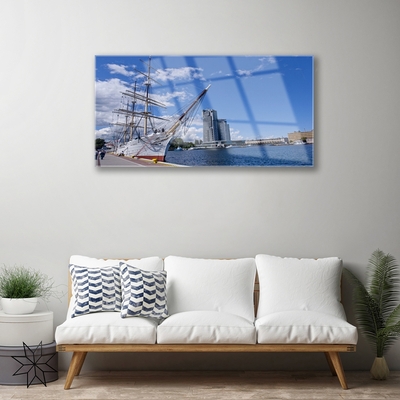 Plexiglas® Wall Art Boat sea town landscape white brown blue