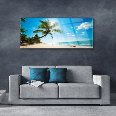 Plexiglas® Wall Art Palm tree beach sea landscape brown green blue