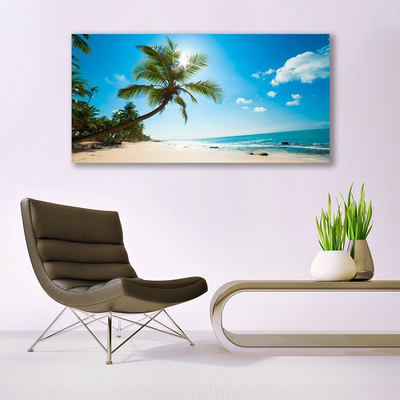 Plexiglas® Wall Art Palm tree beach sea landscape brown green blue