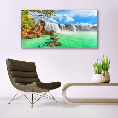 Plexiglas® Wall Art Waterfall lake landscape blue brown white green