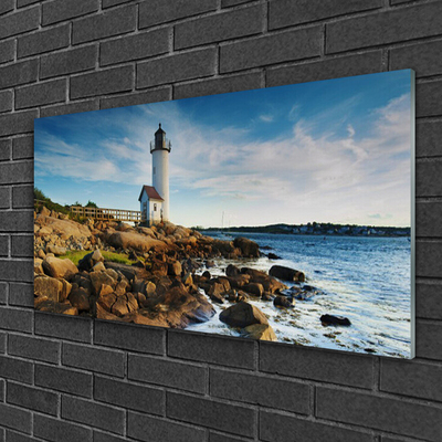 Plexiglas® Wall Art Lighthouse stones sea landscape white brown grey yellow