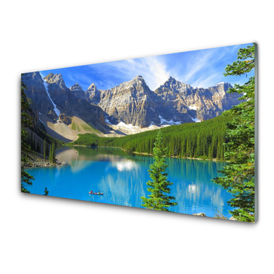 Plexiglas® Wall Art Lake mountain forest landscape blue green grey white