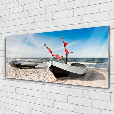 Plexiglas® Wall Art Boats beach landscape white black brown blue