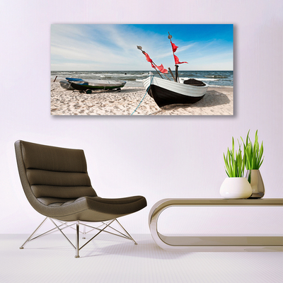 Plexiglas® Wall Art Boats beach landscape white black brown blue