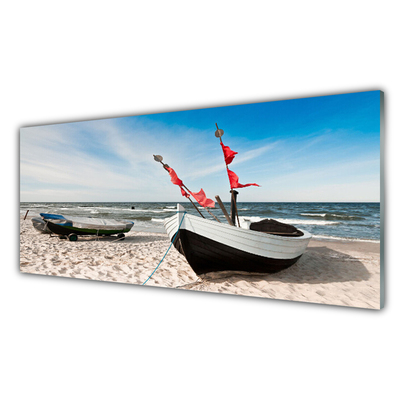 Plexiglas® Wall Art Boats beach landscape white black brown blue