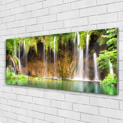 Plexiglas® Wall Art Waterfall lake nature brown green white blue
