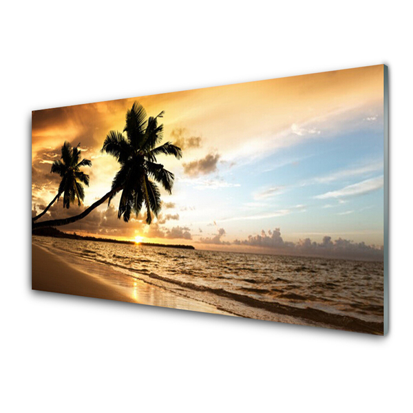 Plexiglas® Wall Art Palm trees beach sea landscape yellow black blue