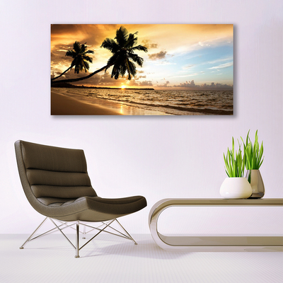 Plexiglas® Wall Art Palm trees beach sea landscape yellow black blue