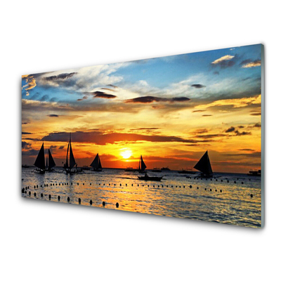 Plexiglas® Wall Art Boats sea sun landscape blue yellow black grey
