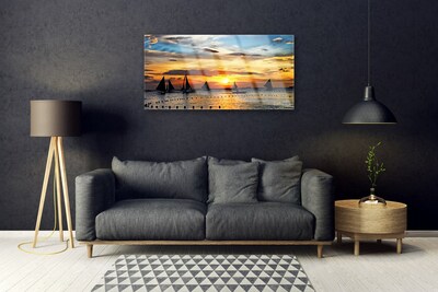 Plexiglas® Wall Art Boats sea sun landscape blue yellow black grey