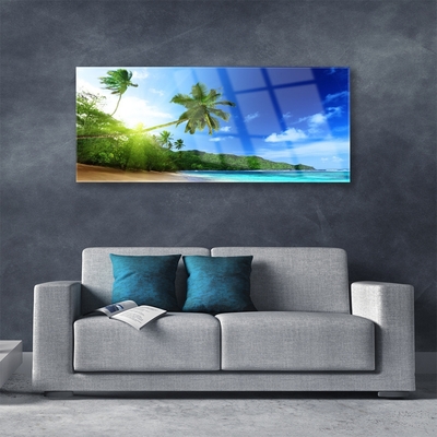 Plexiglas® Wall Art Beach sea palm trees landscape brown green blue