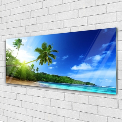 Plexiglas® Wall Art Beach sea palm trees landscape brown green blue