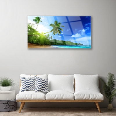 Plexiglas® Wall Art Beach sea palm trees landscape brown green blue