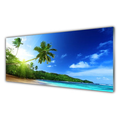 Plexiglas® Wall Art Beach sea palm trees landscape brown green blue