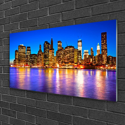 Plexiglas® Wall Art City houses purple yellow brown blue