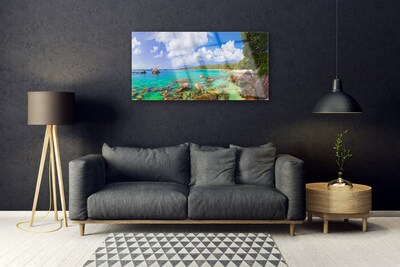 Plexiglas® Wall Art Sea stones trees landscape blue grey green brown