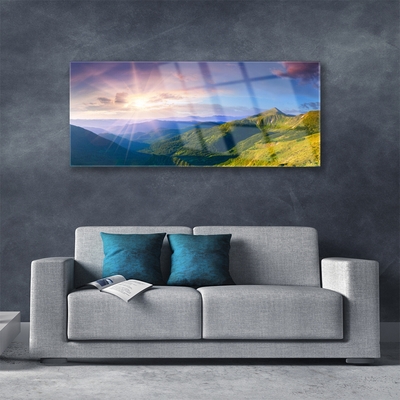 Plexiglas® Wall Art Mountain meadow sun landscape yellow grey green purple