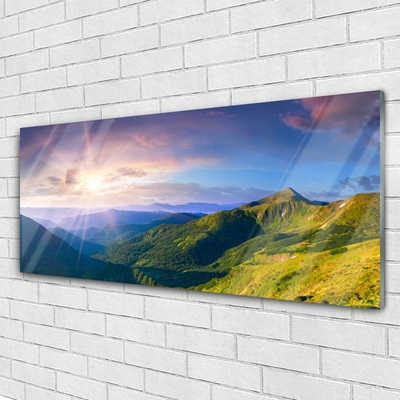 Plexiglas® Wall Art Mountain meadow sun landscape yellow grey green purple