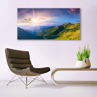 Plexiglas® Wall Art Mountain meadow sun landscape yellow grey green purple