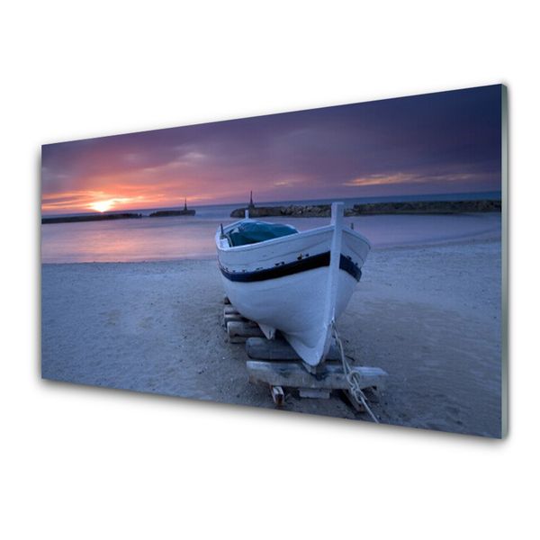 Plexiglas® Wall Art Boat beach sea sun landscape white black yellow grey