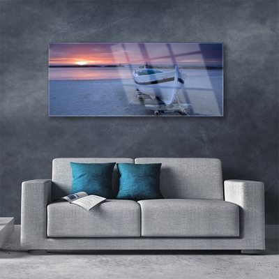 Plexiglas® Wall Art Boat beach sea sun landscape white black yellow grey